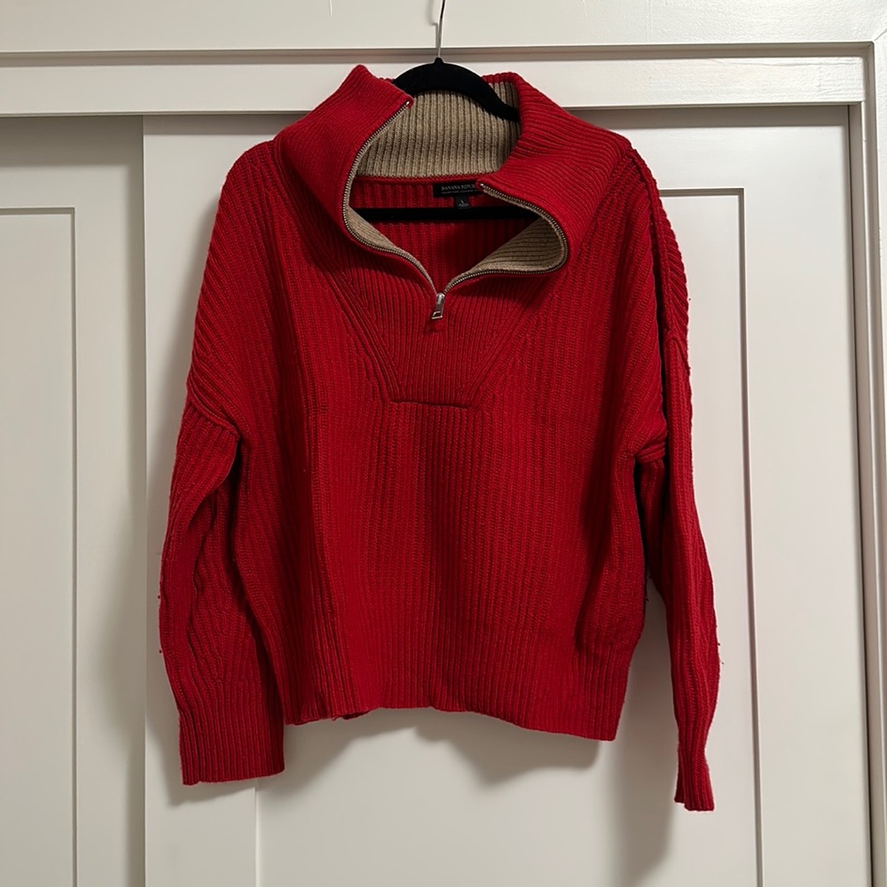 Banana Republic Red Turtleneck Sweater with Tan Trim